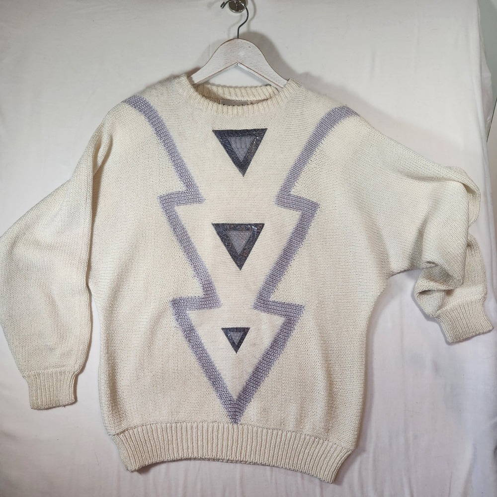 Vintage Franco Valeri 80s Cream Knitโ Sweater Snakeskin Leather Geometric Med